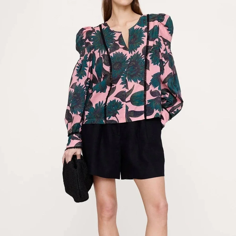 BR Floral Puff Sleeve Statement Blouse S Pink Green Romantic Victorian Inspired